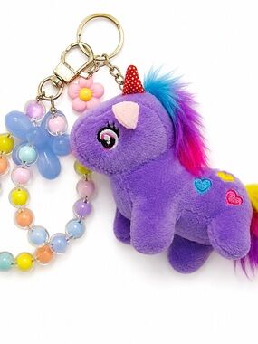 OOAK Purple Plush Unicorn Keychain with Rainbow Mane - Kids Toys
